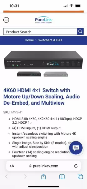 MVS-41 PURELINK Hdmi Seamless Switcher Quad Multiviewer
